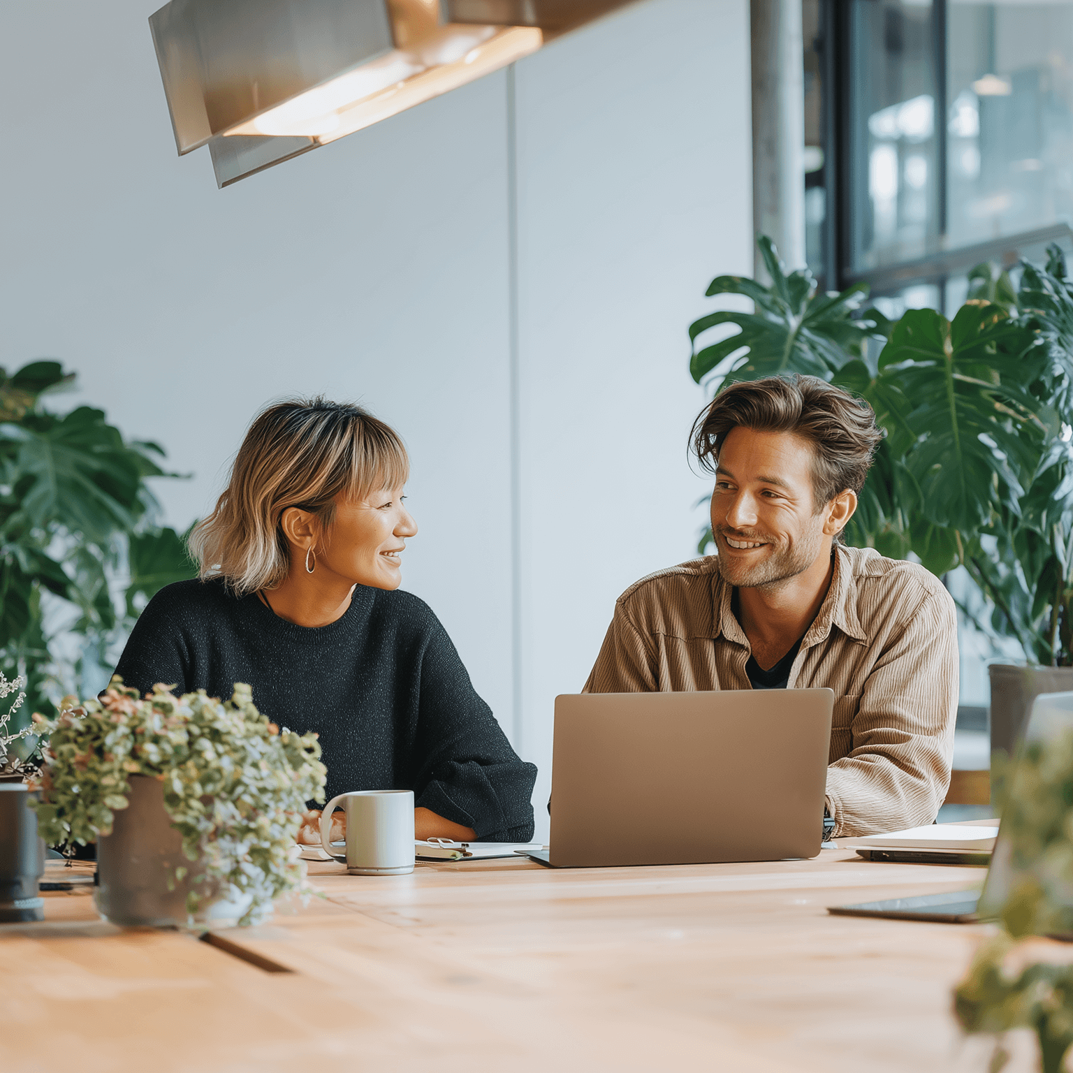 A woman with blonde hair and a man in a tan shirt sit together at a table with coffee and flowers, both smiling in conversation. A chat bubble overlay reads 'What can I help you with?' featuring Elsie L., Plan Consultant, with her headshot and a blue chat icon.